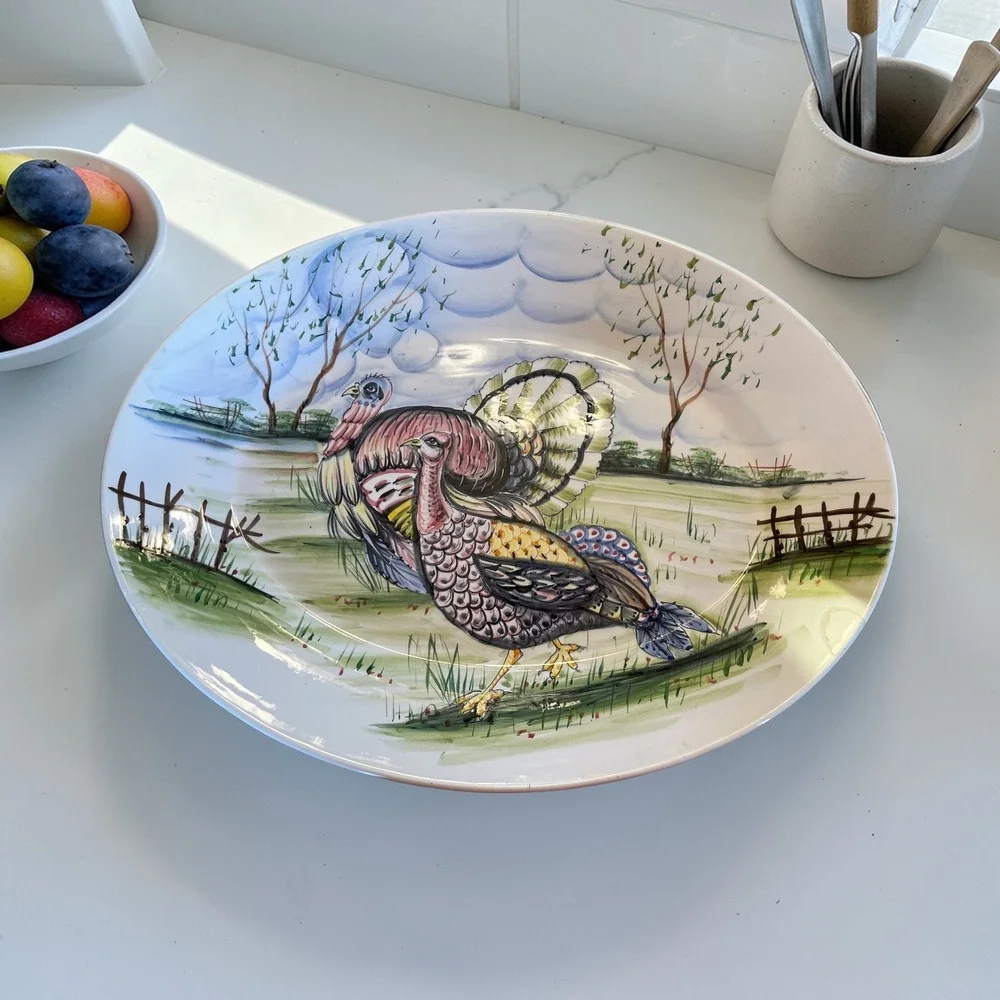 FB Co Italy Hand Painted Turkey Platter Large Oval Thanksgiving Serving Dish